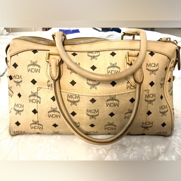 MCM bag Brown/Tan Leather Satchel Purse MCM Visetos Leather w/ Stripe  *REHAB** - Picture 2 of 12